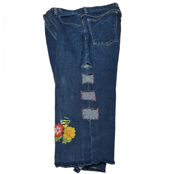 Upcycled Hand Altered High Rise Capris Jean Shorts Side Cutouts Flower Patch - Picture 3 of 9